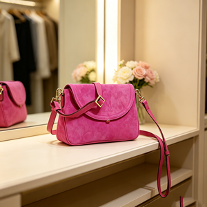 Sac bandoulière rose vif en daim pour femme, sac à rabat en matériaux mixtes, sac à main quotidien avec sangle réglable - Product Image 2