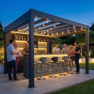 Gazebo <span class=keywords><strong>de</strong></span> Aluminio Tipo Boutique <span class=keywords><strong>con</strong></span> <span class=keywords><strong>Cortinas</strong></span> Elegantes y Luces Decorativas, Pérgola Estética para Desayunos al Aire Libre y Ocio <span class=keywords><strong>de</strong></span> Huéspedes - Product Image 1