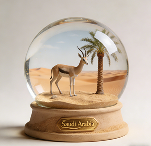 Souvenir Turistici dell'Arabia Saudita in Resina Personalizzata, Globo di Neve con Figure di Cammello Dromedario, Orso Arabo, Falco e Palma da Dattero - Product Image 3
