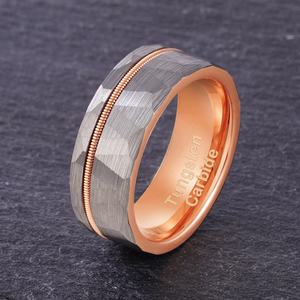 POYA-cuerda de guitarra de oro rosa con incrustaciones, anillo de tungsteno gris, 8mm, dos tonos martillados, banda de boda plana para hombre - Product Image 4
