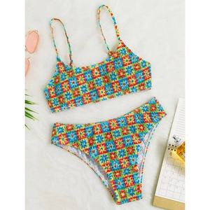 Conjunto de Bikini de 2 Piezas con Logotipo Personalizado en 3D, Top Corto sin Mangas con Tirantes, Pantalones Cortos con Lazos Laterales, Traje de Baño Estampado para Mujer - Product Image 1