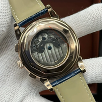 Montre Chronographe de Luxe pour Homme en Gros, Boîtier Doré en Cristal Saphir, Calendrier Phase de Lune, Aiguille Bleue, Bracelet en Cuir, Style Affaires