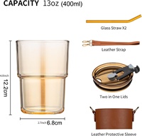 Mug de voyage en verre ambré de haute qualité 13oz 400ml avec paille en cuir, impression personnalisée, résistant à la chaleur, anti-fuite, réutilisable, cadeau de mariage