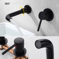 Robinet de lavabo de salle de bain en laiton, bec rotatif séparé dissimulé, mélangeur d'eau chaude et froide, robinet mural noir pour lavabo