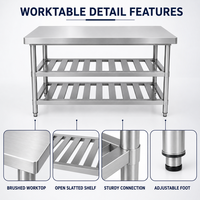 Meja Kerja Stainless Steel 3 Tingkat dengan Rak Bawah Berpalang Ganda 304 Meja Persiapan Dapur Komersial Tugas Berat