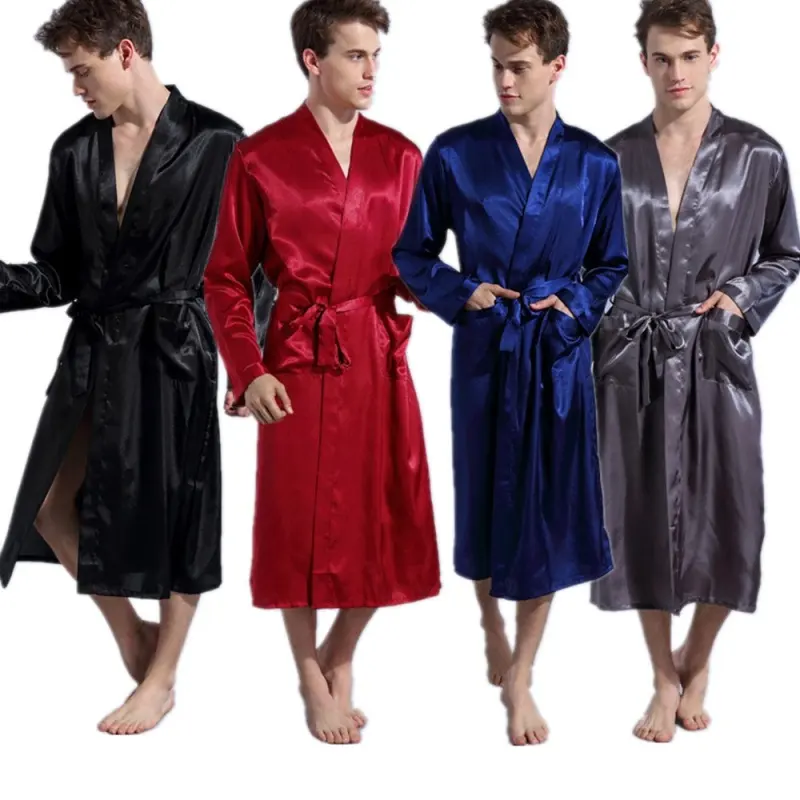 V Neck Satin Robe Kimono Longo Roupão Pijama Camisola Plus Size Pijamas dos homens