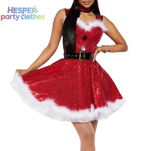 Robe de Noël rouge HESPER Classic Sexy Sequin Santa pour femmes, lingerie de Noël 3 pièces avec accessoires - Product Image 1