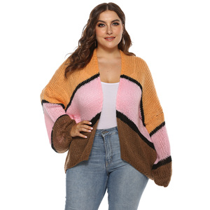 2020 New Mezza <span class=keywords><strong>Cardigan</strong></span> Punto 100% <span class=keywords><strong>Acrilico</strong></span> A Righe di Colore Più Il Formato Delle Donne Maglione <span class=keywords><strong>Cardigan</strong></span> - Product Image 3