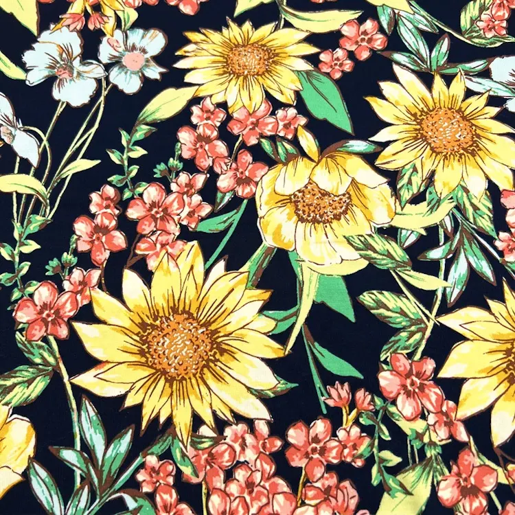 210GSM compact siro rayon spandex fabric black floral printed viscose rayon spandex elastane single jersey knit fabric