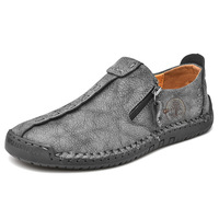 Sepatu Loafer Kulit Asli Pria dengan Resleting Samping, Model Slip-On, Motif Kotak-Kotak, Ujung Bulat, Sol Karet Ringan, Sepatu Kasual untuk Berjalan