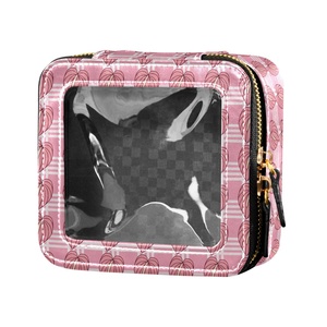 Mini Hawaii Anthurium Palaka Print Square Zipper <b>Small</b> MakeUp Organizer PU Leather Travel Cosmetic <b>Case</b> with Clear Window - Product Image 2
