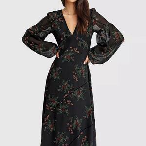 Robe longue élégante pour femme, col en V, manches longues, imprimé floral romantique, en mousseline de soie, coupe ajustée - Product Image 4