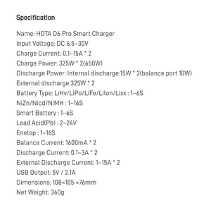 Chargeur HOTA D6 Pro pour l'<span class=keywords><strong>aéromodélisme</strong></span>, batterie Li-ion haute puissance 6S, chargeur d'équilibrage 650W - Product Image 6
