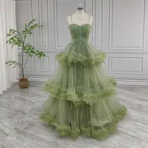 100% Real Photos Green Spaghetti Strap Ruffles Tulle Ball Gown Birthday Party Dress Women Prom Evening Dresses For Wedding
