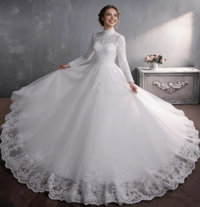 Elegante <span class=keywords><strong>Abito</strong></span> da Sposa Musulmano <span class=keywords><strong>in</strong></span> <span class=keywords><strong>Tulle</strong></span> con Maniche Lunghe, Applicazioni e Perline, Strascico a Cappella - Product Image 5