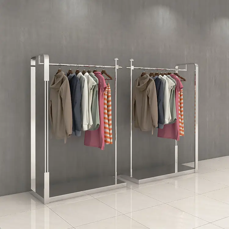 Retail Clothing Shop Fittings Silver Stainless Steel Mirror Polish Garment Display Stand and Racks Hanging Shelves