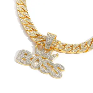Big Size Bling Gold Silver Crown Boss Plate Pendant with Men 20inch Prong CZ Cuban Chain Necklace Sets