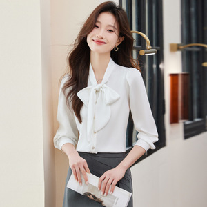 Women's Satin Long Sleeve Blouse With Bow <b>Tie</b> Office Wear Solid Color <b>Polyester</b> Fabric - Product Image 4