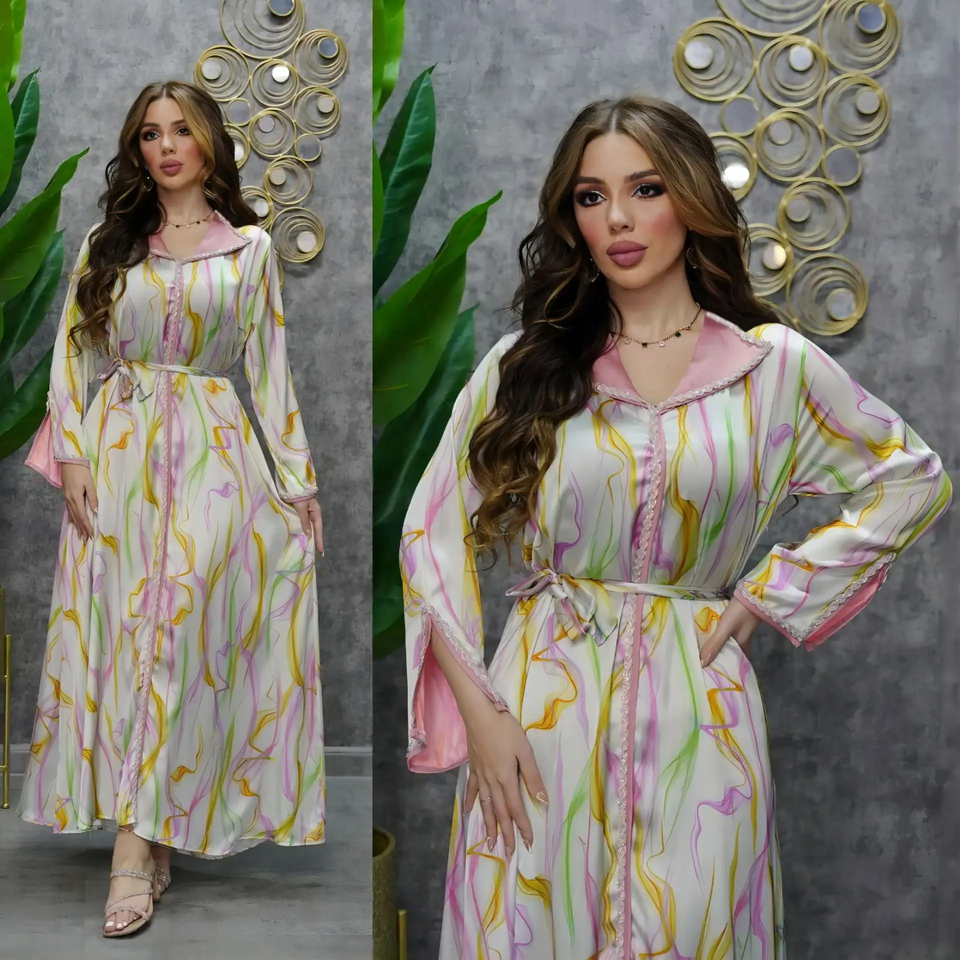 3 renk PrintedJalabiya tasarımları orta doğu Eid körfez elbise Dubai suudi arap Jalabiya elbise ile boncuk