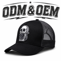Gorra Trucker de Malla con Tela Lavada Sólida, Parche Tejido de Gato Calavera Personalizado, Logotipo OEM ODM, Ajustable, Estilo Urbano