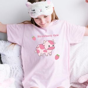 FOXA เสื้อยืดลายวัวสตรอเบอร์รี่สีชมพู เสื้อยืดกราฟิกผู้หญิงแขนสั้นผ้าฝ้ายฤดูร้อนคาวาอิ คอกลมสไตล์น่ารัก - Product Image 4