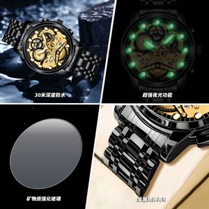 Fenzun Men's Automatic Skeleton Quartz Watch 4088 Analog 30M Waterproof Luminous Stainless Steel Band Deployment Clasp - Product Image 4