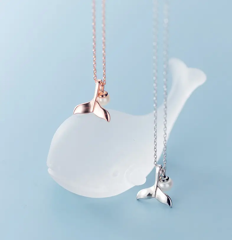 Fashion Women 925 Sterling Silver Whale Tail Freshwater Pearl Pendant Rose Gold Plated Necklaces Jewelry