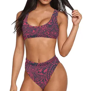 Red Polynesian Tribal Pattern Plus Size Tankini with Shorts Two Piece Swimsuits for Women Wholesale Tummy Control Bathing Suits