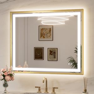 Miroir de courtoisie LED rectangulaire sur mesure en or, grand modèle, moderne, mural, intelligent, avec éclairage pour salon, décoration d'hôtel - Product Image 3