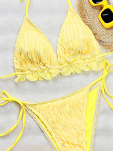 Nouveau maillot de bain deux pièces pour femme, couleur unie, à volants, col rond, avec laçage et logo à la taille - Product Image 3