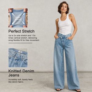 Pantalon en <span class=keywords><strong>jean</strong></span> à jambe droite asymétrique <span class=keywords><strong>avec</strong></span> boutons croisés, <span class=keywords><strong>jean</strong></span> tricoté taille haute pour femme, style streetwear - Product Image 1