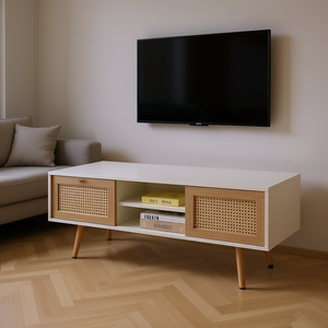 Mueble de TV de Ratán Blanco de 55.12 Pulgadas con Puertas Corredizas Dobles, Estante Ajustable, Muebles de Sala de Estar Modernos de Mediados de Siglo - Product Image 2