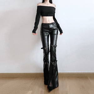 Pantalones de Mujer de Piel Sintética con Corte Acampanado, Cintura Baja, Hebilla de Cinturón, Adorno de Encaje, Estilo Casual y Urbano - Product Image 5