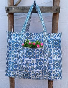 Bolso Tote de Algodón Acolchado Kantha, Reversible, con Estampado Floral, Ecológico, para Compras, Viajes, Bolso de Hombro - Product Image 5