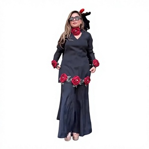Traje Palazzo Largo para Mujer, Estilo Indio-Pakistaní, Bordado Floral Negro, Corte Holgado, Elástico, para Fiestas, Estilo Étnico - Product Image 1