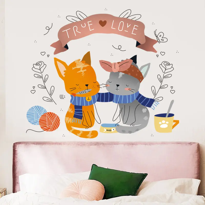 Cartoon Katzen Aufkleber Kreative Kinder Schlafzimmer Tapete Selbst klebendes Wohnzimmer True Love Decals TV Hintergrund Wandbild