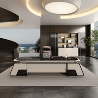 Bureau de direction ovale modulaire moderne personnalisé avec gestion intégrée des câbles, base à motif ondulé, éclairage LED et rangement