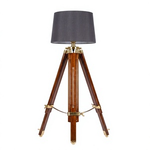 Lámpara de Pie Industrial de Madera con Trípode, Certificación Europea SAA, Pantalla de Tela Gris, Altura Ajustable, Base E27, Luz Blanca Cálida de 2700K - Product Image 1