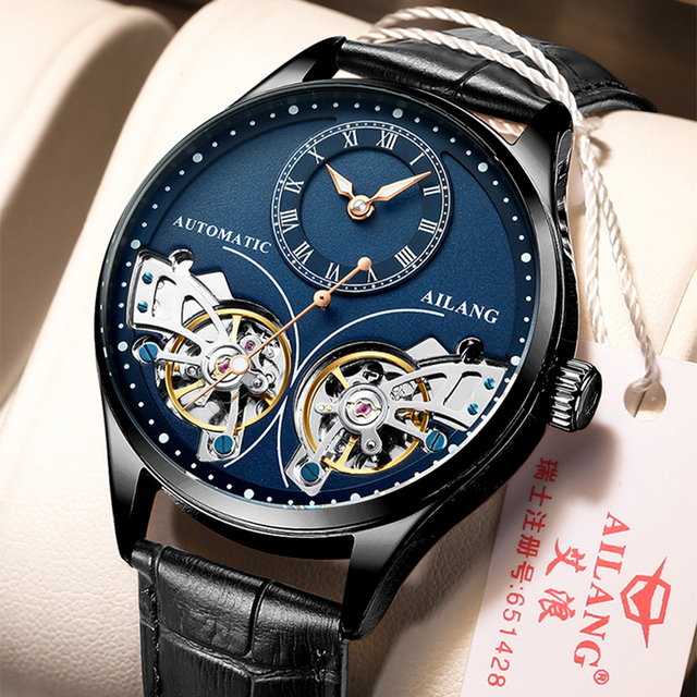 AILANG Genuine Brand Men's Double Tourbillon Luminous Direct-looking Stainless Steel Mechanical Automatic Watch Waterproof