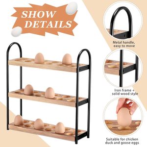 Estante para huevos de madera de 3 niveles, bandeja para huevos, estante de almacenamiento de huevos para encimera de cocina, combinación de hierro y madera - Product Image 1