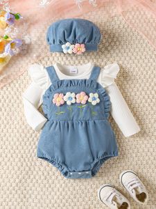 Ensemble trois pièces d'été décontracté pour filles de 0 à 1 an : chemise unie à manches courtes, jupe à bretelles fleuries et bandeau – Polyester/Coton - Product Image 1