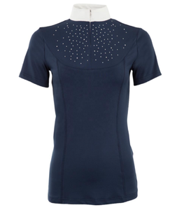 Camiseta ecuestre técnica de manga corta para mujer, color azul marino, con elasticidad en 4 direcciones, 90 % poliéster, 10 % elastano - Product Image 1