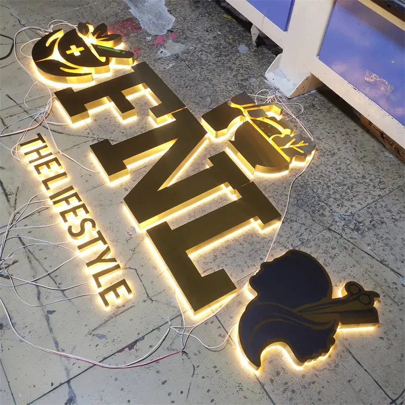 2024 New arrival brushed gold backlit sign custom led sign for wall logo of business signs