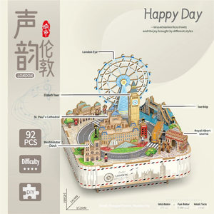 Caja de Música Educativa de Madera DIY con Diseño de Londres, Rompecabezas 3D de Rueda de la Fortuna, Big Ben, Puente de la Torre, Escena Giratoria, Corte Láser, Regalo Coleccionable - Product Image 2