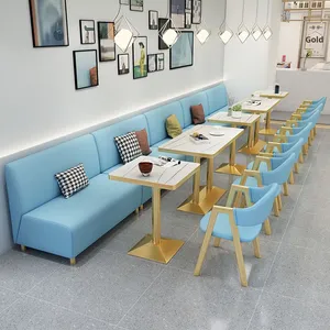 Canapé de restaurant bleu ciel avec structure dorée angulaire, ensemble de canapé et table carrée en marbre, banquette pour centre commercial et café - Product Image 1