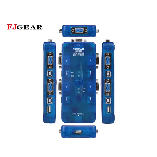 FJGEAR KVM Switch box 4 porta 4 ingresso 1 uscita, con porta VGA, porta usb, manuale, risoluzione di 1920x1440 Blu 250 Mhz