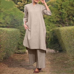 Ensemble 2 pièces en coton et lin pour femmes grandes tailles, col en V, manches 3/4, pantalon large, costume décontracté, SMLXL2XL3XL4XL5XL, couleur unie - Product Image 3