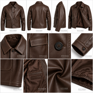 Chaqueta de cuero marrón para hombre, estilo vintage, con botones y costuras en contraste. - Product Image 6