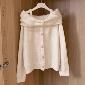 Off Shoulder Knit <b>Cardigan</b> Women Autumn Winter Soft Wool Blend Medium <b>Thickness</b> Anti Pilling With Label - Product Image 1
