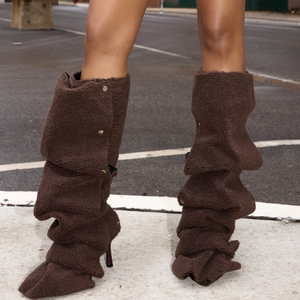 Womens Stiletto Pointed Toe High Heel Brown <strong>Sherpa</strong> Folded Detail Fur <strong>Boots</strong> - Product Image 1